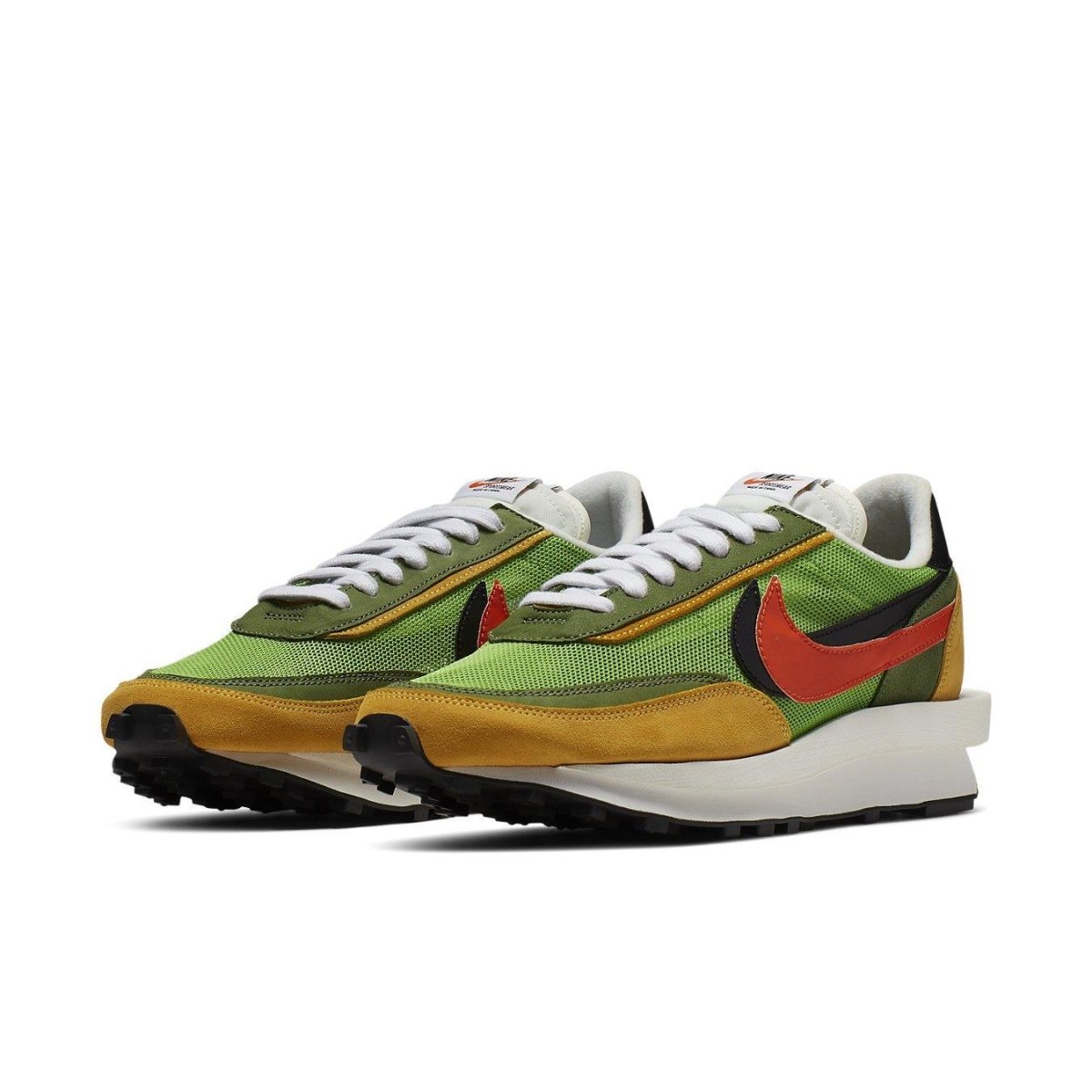 Nike LD Waffle Sacai in green and yellow with double Swoosh, showcasing a retro running shoe design.