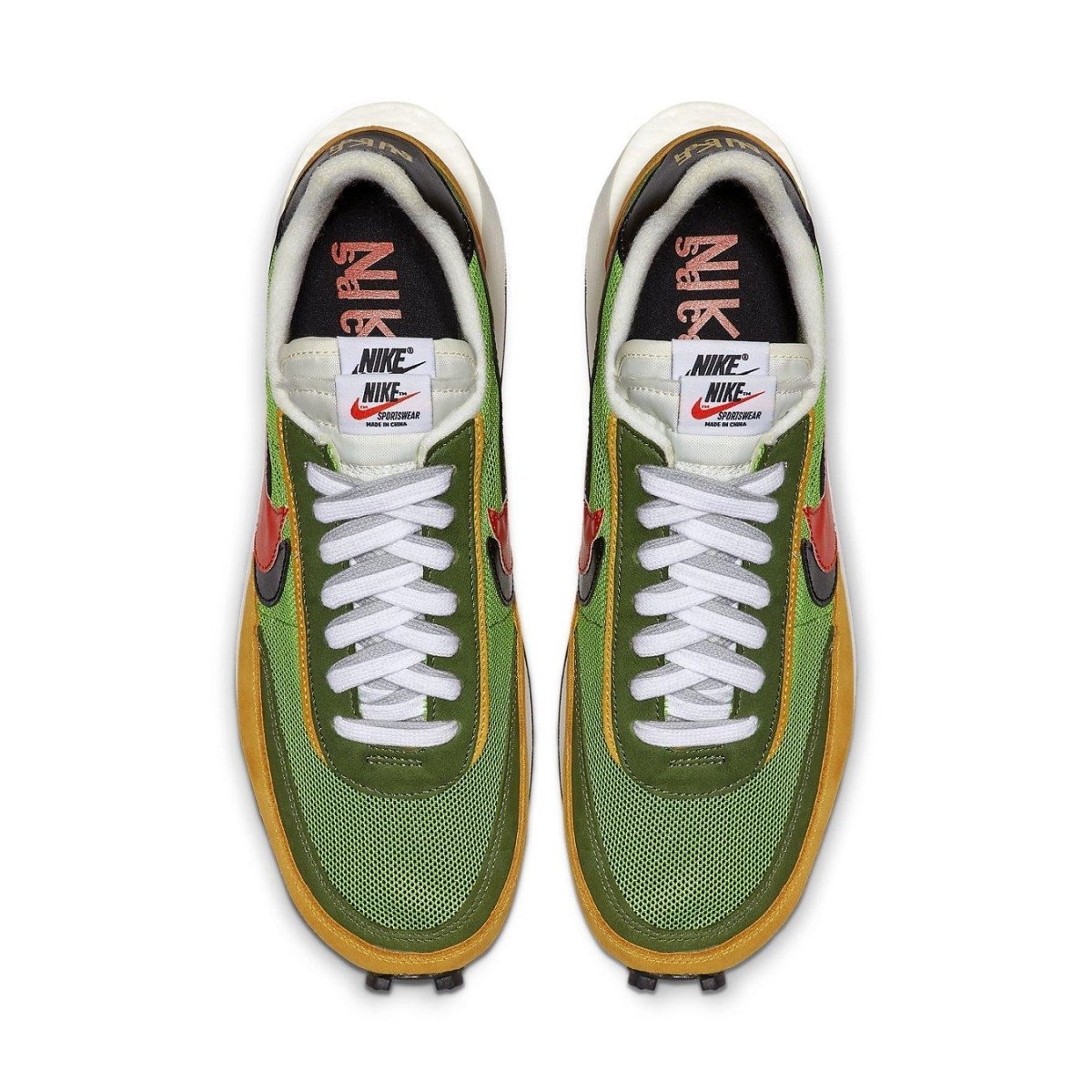 Nike LD Waffle Sacai sneakers in green and yellow mesh with double Swoosh and laces, showcasing unique design.