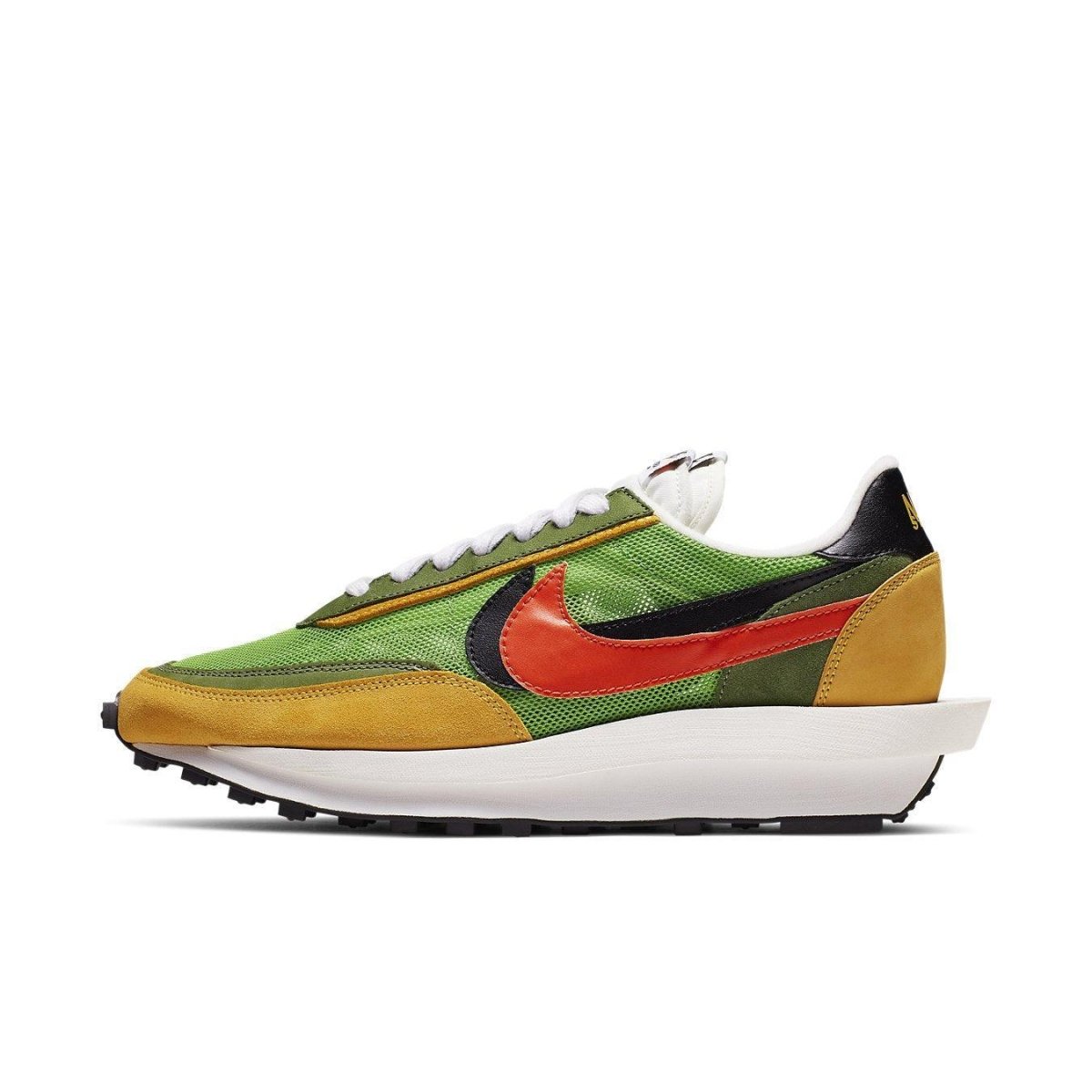 Nike LD Waffle Sacai in green and yellow mesh with double Swoosh, showcasing unique retro design.