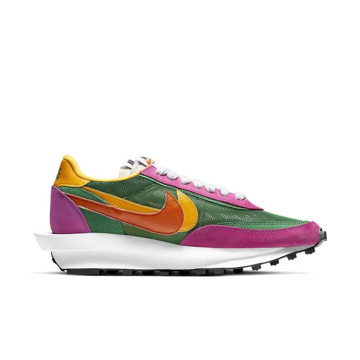 Nike LD Waffle Sacai Pine Green sneakers featuring bright colors and dual branding with Sacai in a stylish side view.
