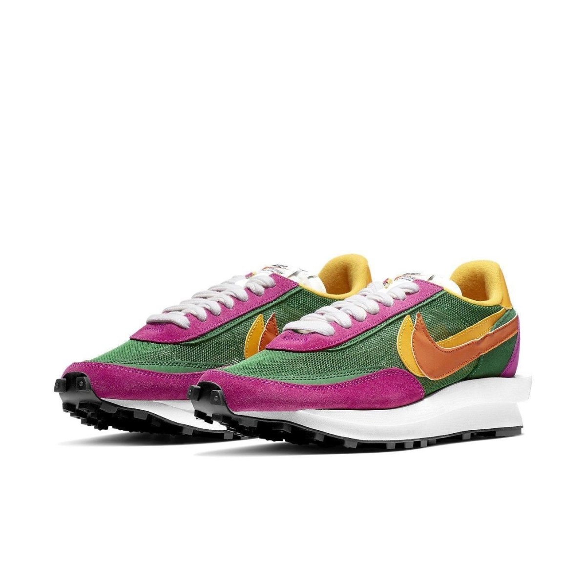 Nike LD Waffle Sacai Pine Green sneakers featuring pink, green, and orange colorway, double laces and co-branded design.