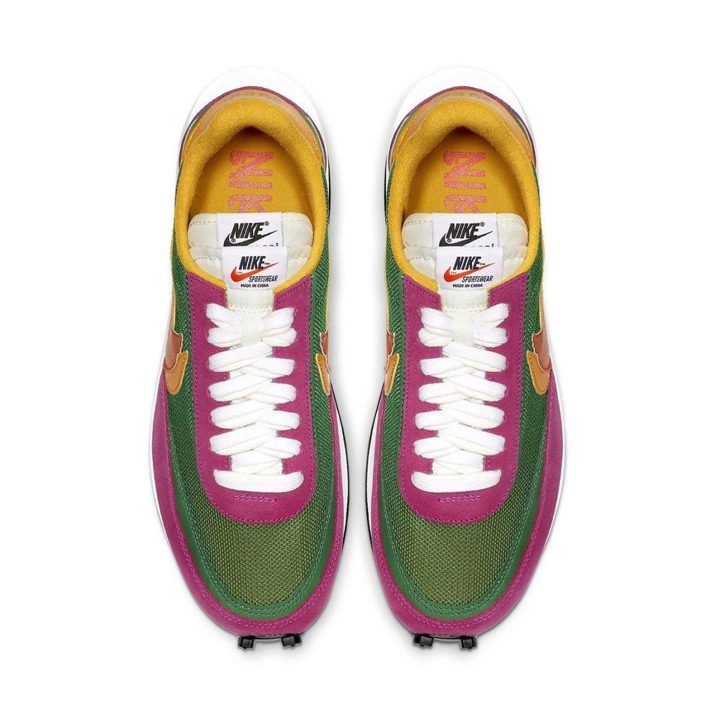 Top view of Nike LD Waffle Sacai Pine Green sneakers featuring vibrant colors and double-layer design.