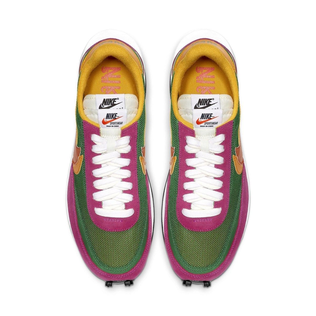 Top view of Nike LD Waffle Sacai Pine Green sneakers featuring vibrant colors and double-layer design.