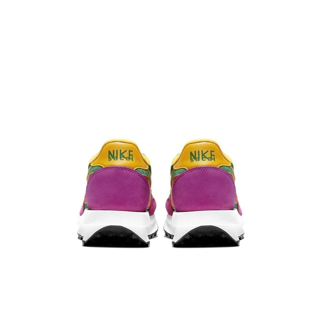 Nike LD Waffle Sacai Pine Green sneakers rear view in vibrant purple and yellow with co-branded emblem.