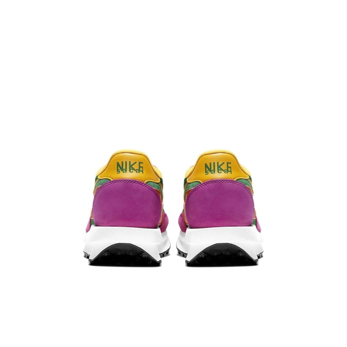 Nike LD Waffle Sacai Pine Green sneakers rear view in vibrant purple and yellow with co-branded emblem.