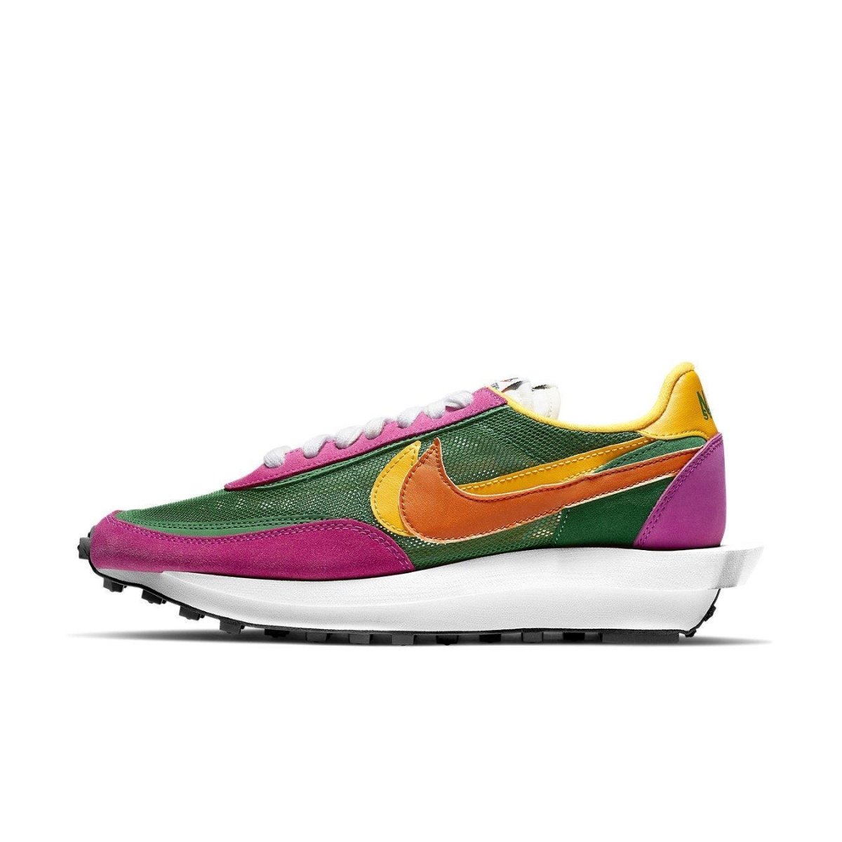Nike LD Waffle Sacai in Pine Green with vibrant colors, featuring double Swoosh and co-branding with Sacai.