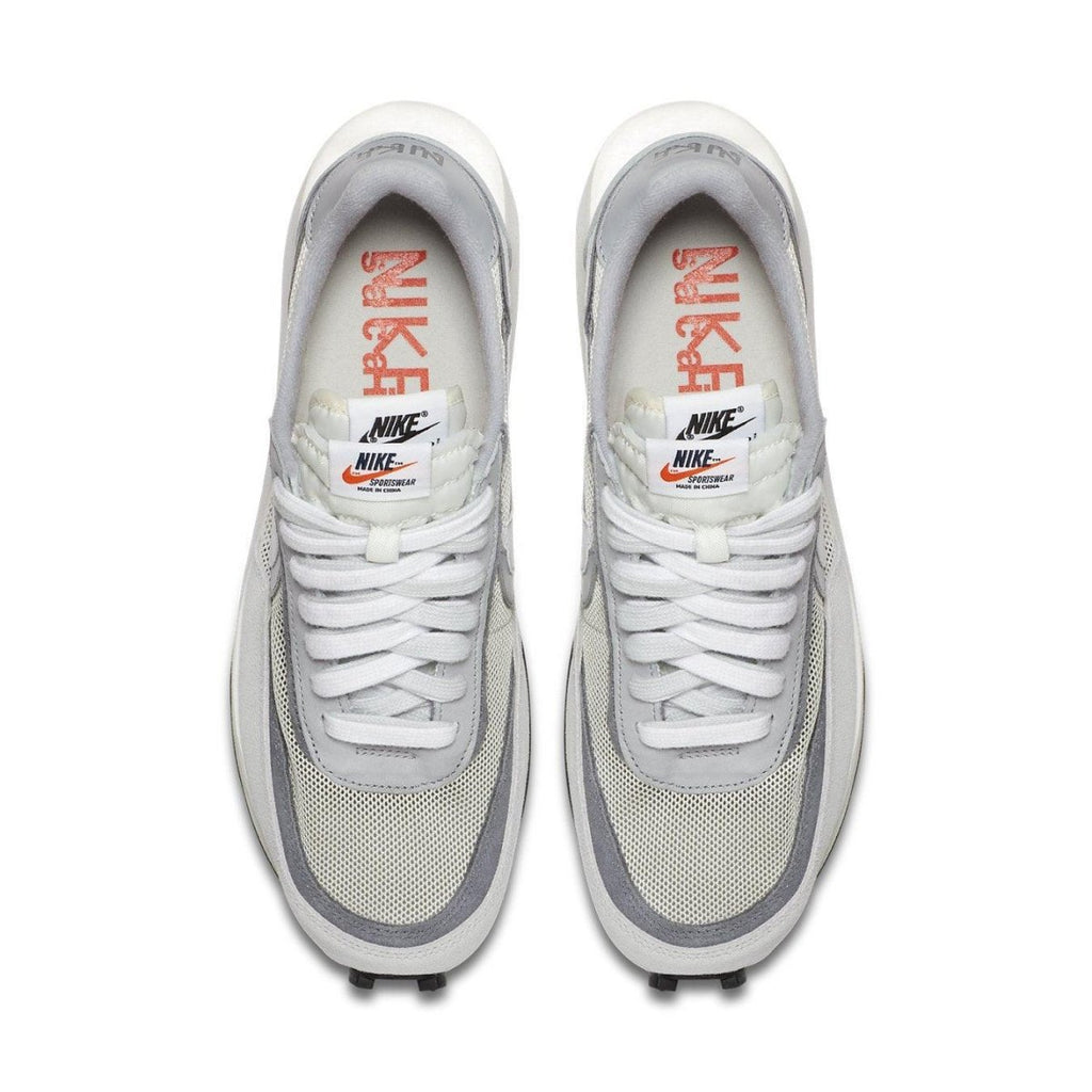 Nike LD Waffle Sacai Summit White sneakers from above, showcasing dual themes and co-branded Nike x Sacai elements.