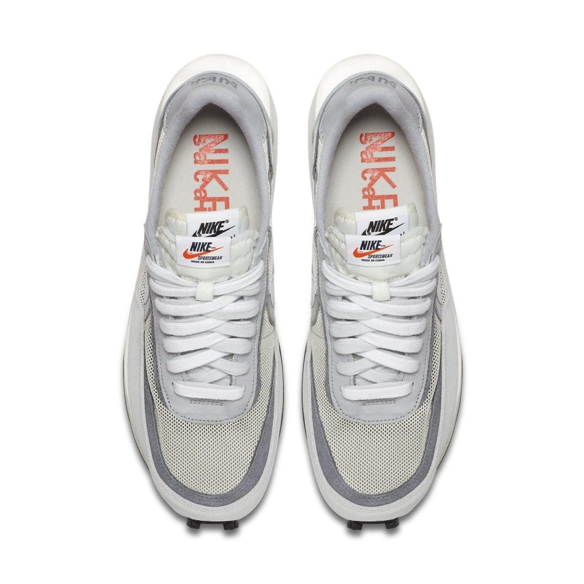 Nike LD Waffle Sacai Summit White sneakers from above, showcasing dual themes and co-branded Nike x Sacai elements.