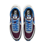 Nike LD Waffle sacai Undercover 'Night Maroon Team Royal' sneakers with blue and white accents.