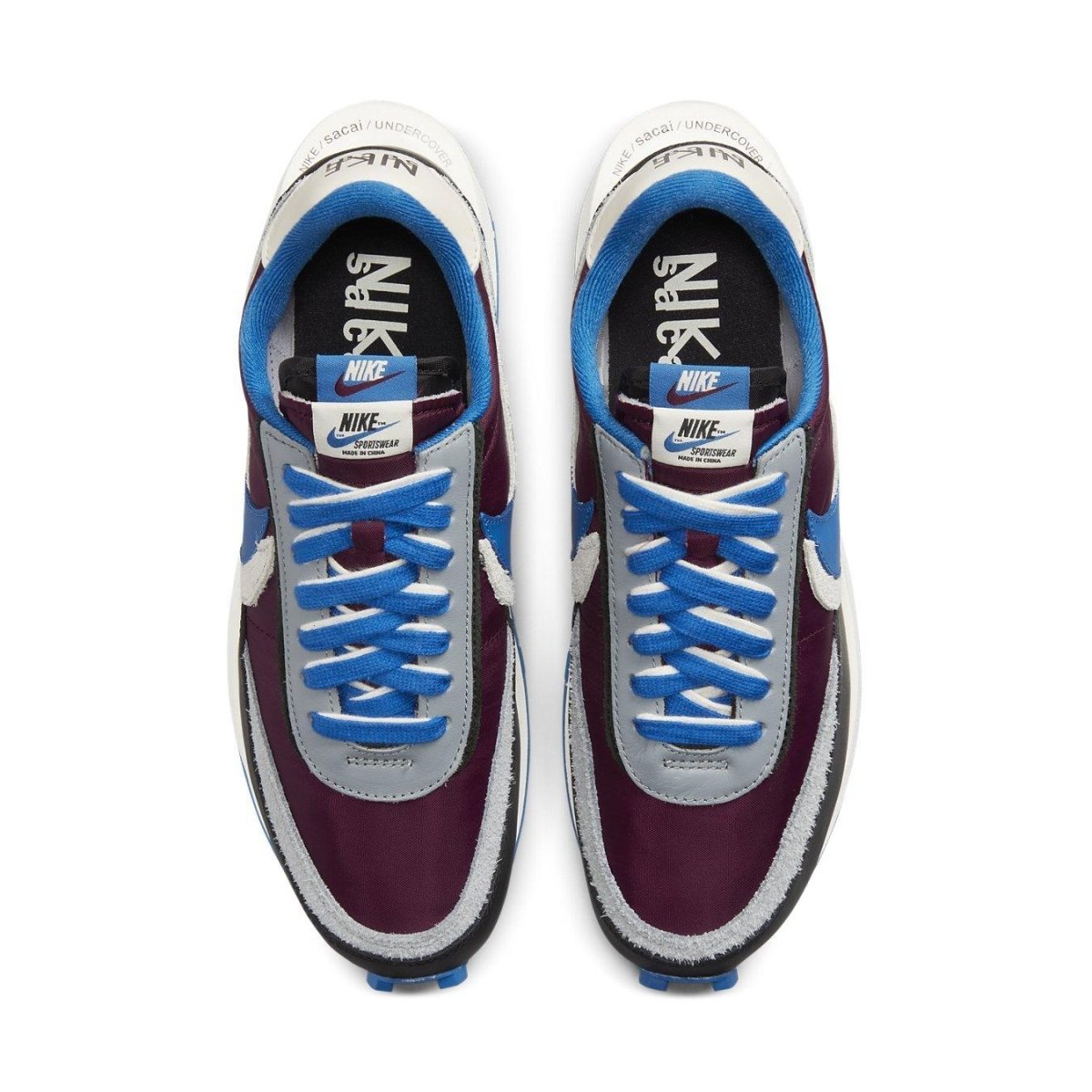 Nike LD Waffle sacai Undercover 'Night Maroon Team Royal' sneakers with blue and white accents.