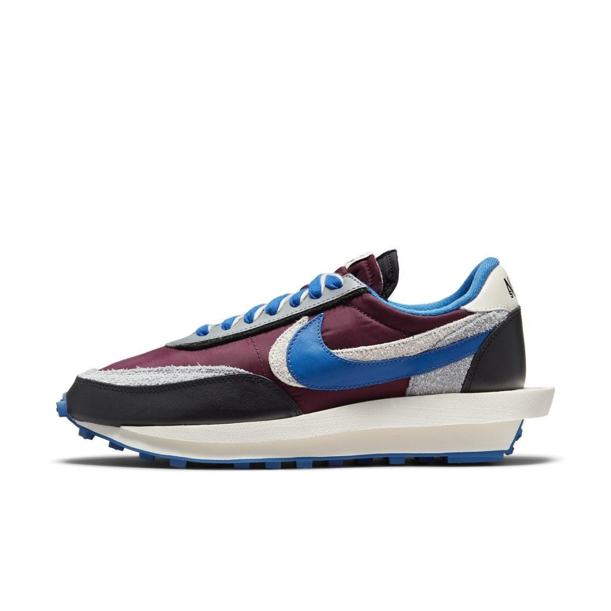 Nike LD Waffle sacai Undercover 'Night Maroon Team Royal' sneaker in bordeaux and blue colorway with layered design.