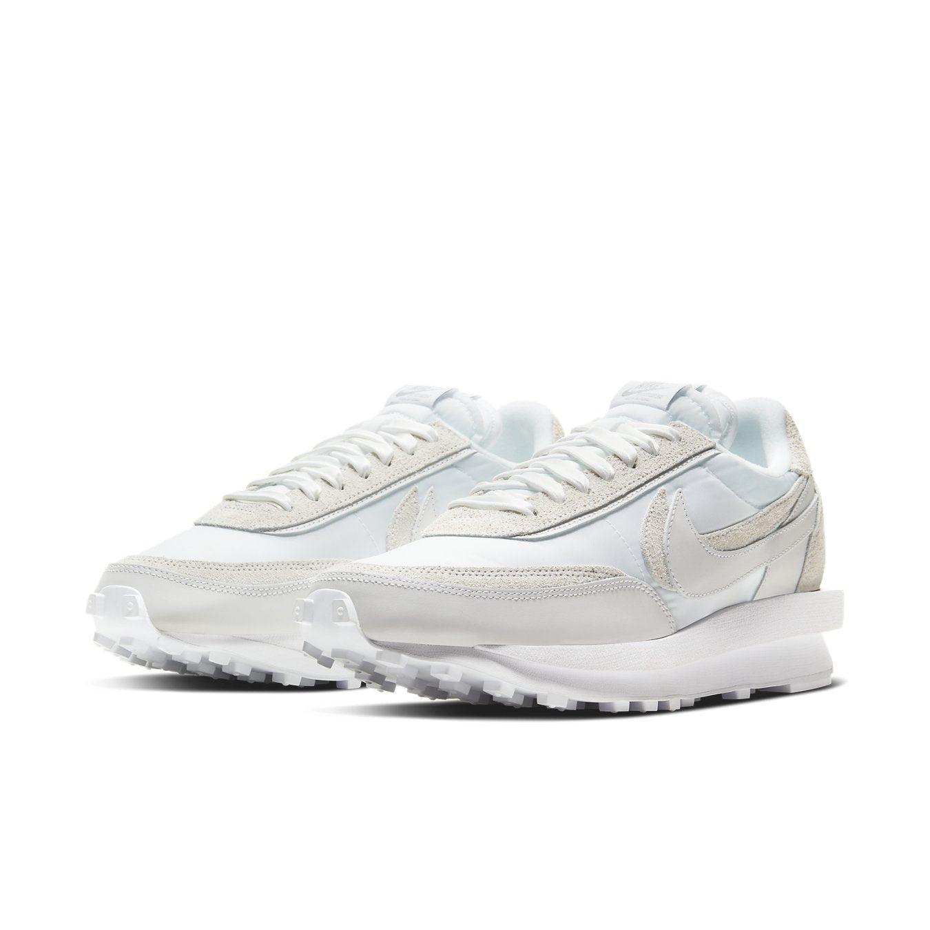 Nike LD Waffle Sacai White Nylon sneakers featuring dual design, premium materials, and co-branded details.