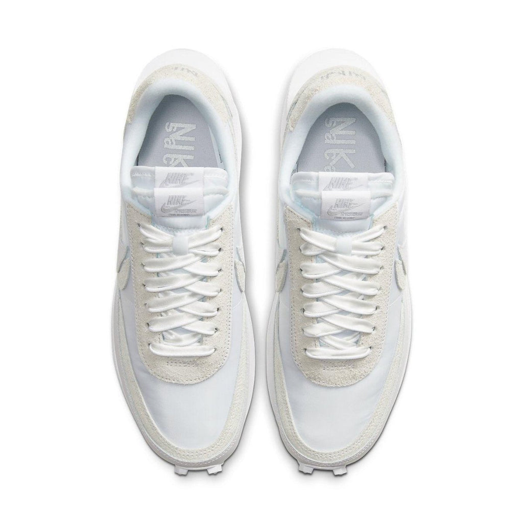 Nike LD Waffle Sacai in White Nylon, featuring dual tongues, laces, and co-branded Nike x Sacai emblem.