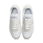 Nike LD Waffle Sacai in White Nylon, featuring dual tongues, laces, and co-branded Nike x Sacai emblem.