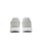 Rear view of Nike LD Waffle Sacai sneakers in white nylon with suede accents and co-branded detailing.
