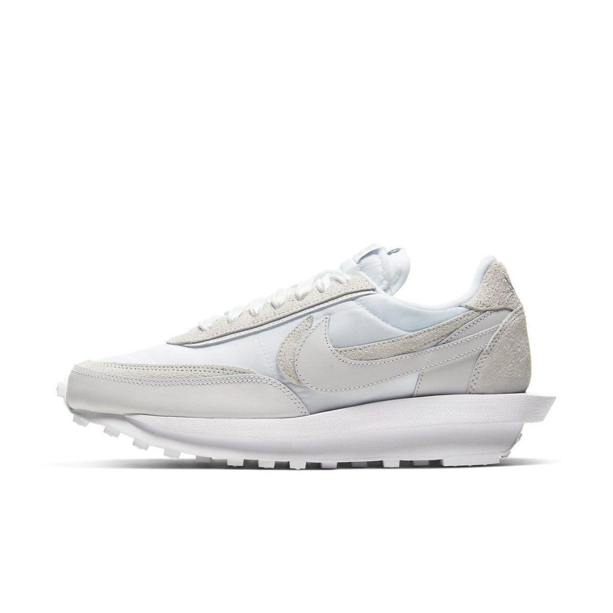 Nike LD Waffle Sacai White Nylon sneaker featuring dual themes and co-branding with Sacai.