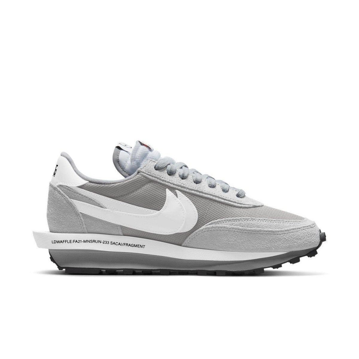 Nike LD Waffle SF sacai Fragment Grey sneaker featuring a grey mesh upper with suede layers, showcasing a unique design.