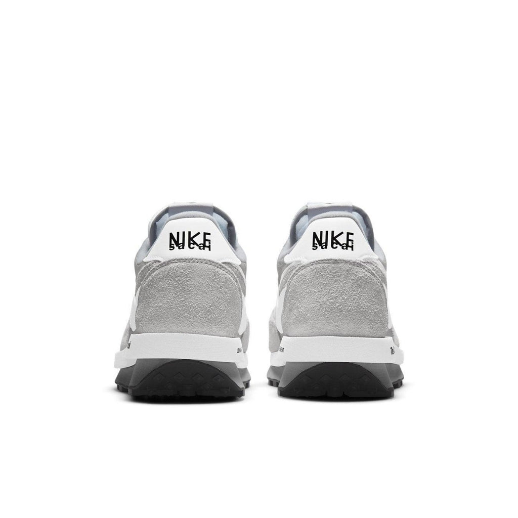 Nike LD Waffle SF sacai Fragment Grey sneaker rear view with grey suede and white details.