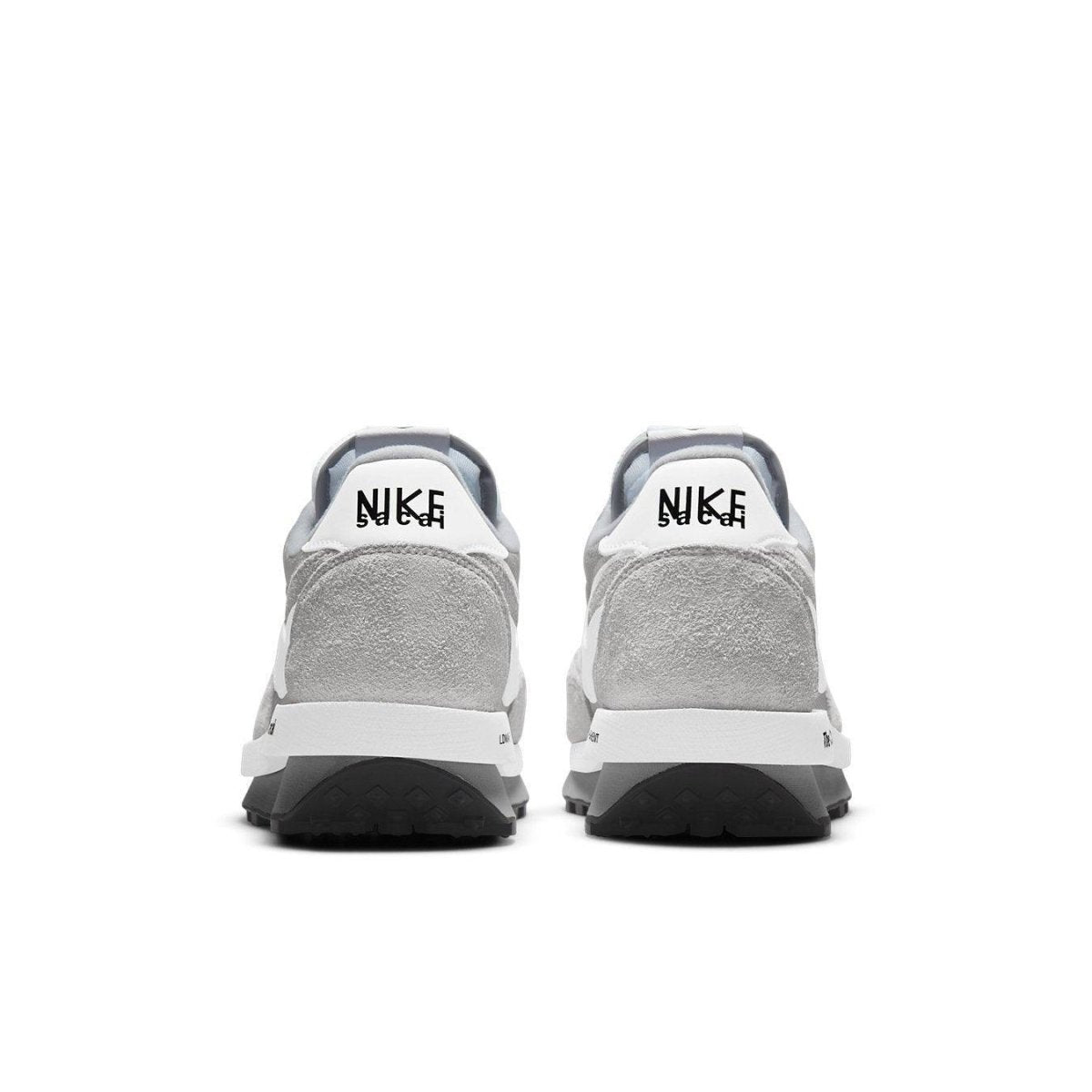 Nike LD Waffle SF sacai Fragment Grey sneaker rear view with grey suede and white details.