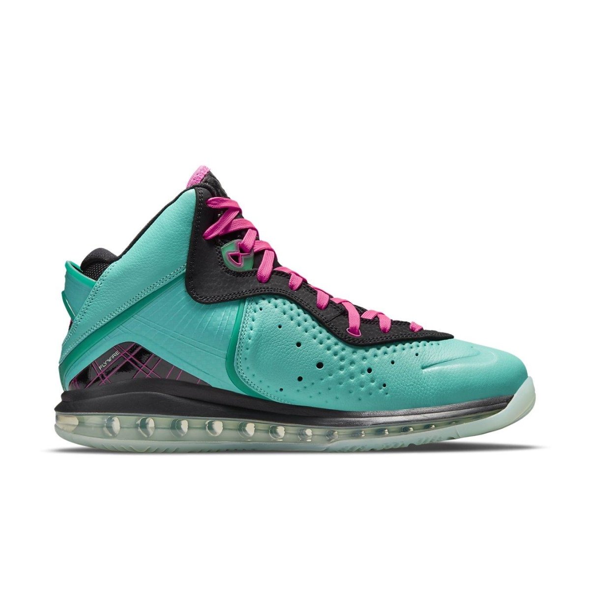 Nike LeBron 8 South Beach 2021 sneaker in turquoise and pink with mid-top design and performance features.