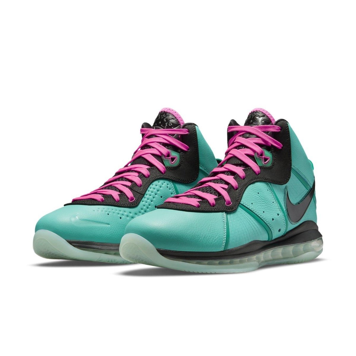 Nike LeBron 8 South Beach 2021 in turquoise and pink colorway, mid-top design with performance features.