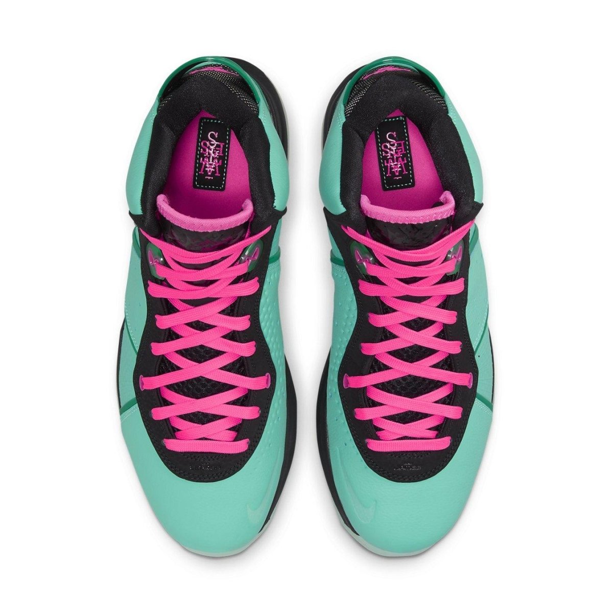 Nike LeBron 8 South Beach 2021 in teal and pink, showcasing stylish mid-top design and vibrant colors.