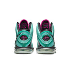 Nike LeBron 8 South Beach 2021 sneakers rear view, showcasing turquoise and pink details.