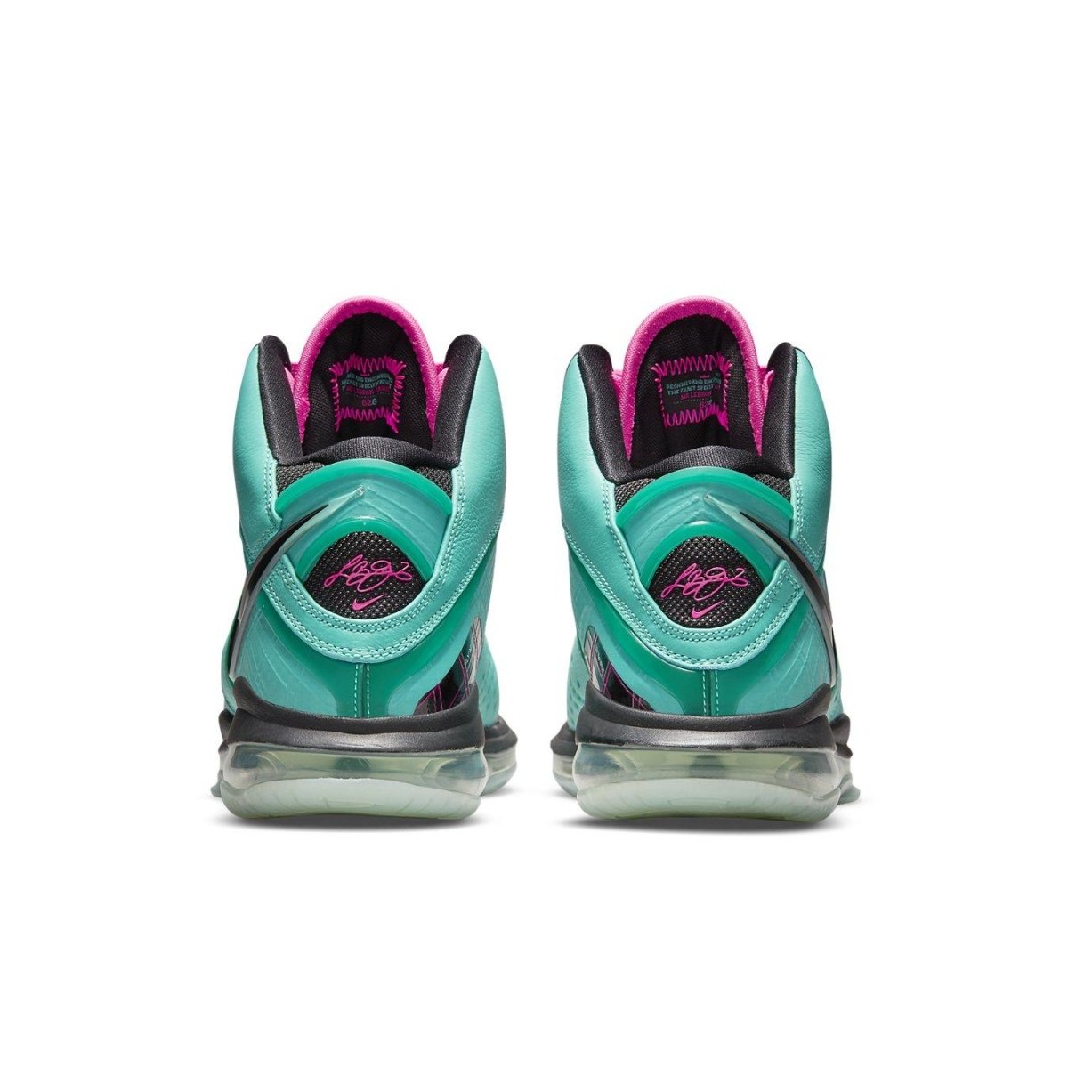 Nike LeBron 8 South Beach 2021 sneakers rear view, showcasing turquoise and pink details.