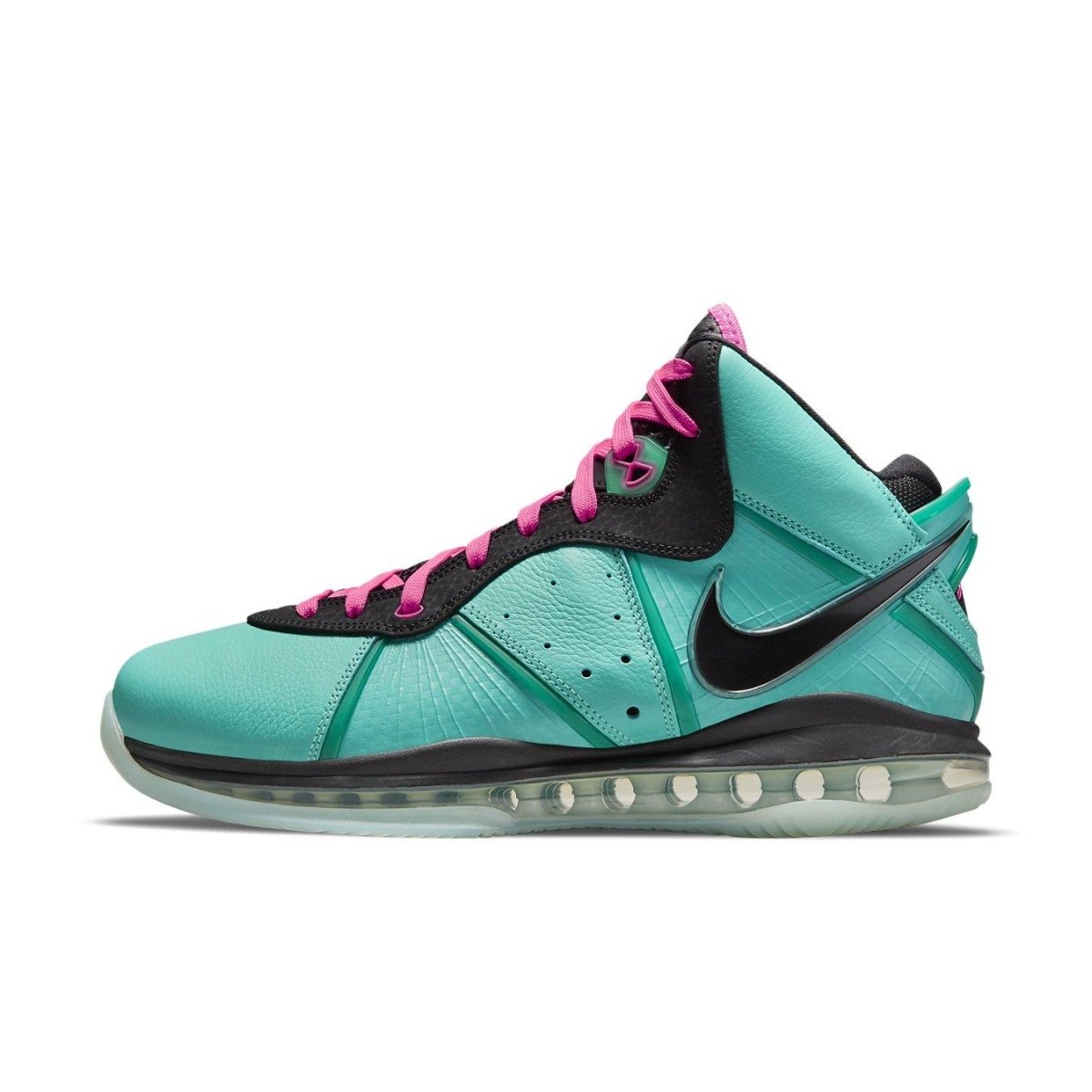 Nike LeBron 8 South Beach 2021 sneaker in teal and black with pink accents, mid-top design and distinctive colorway.