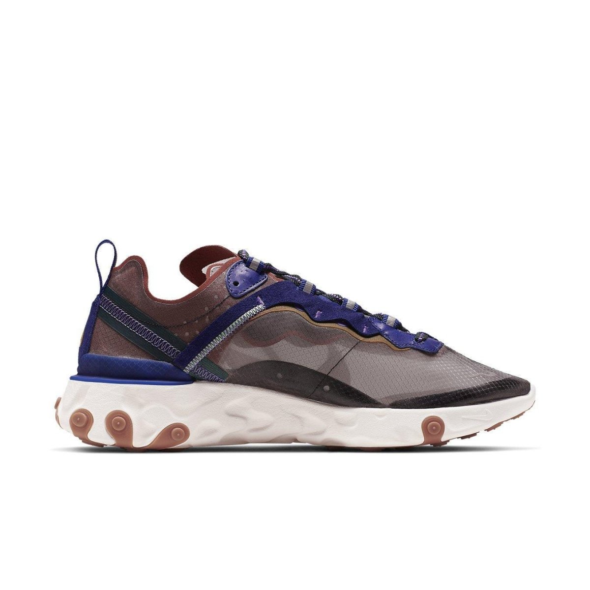 Nike React Element 87 Dusty Peach sneaker featuring a transparent upper with leather overlays and colorful accents.
