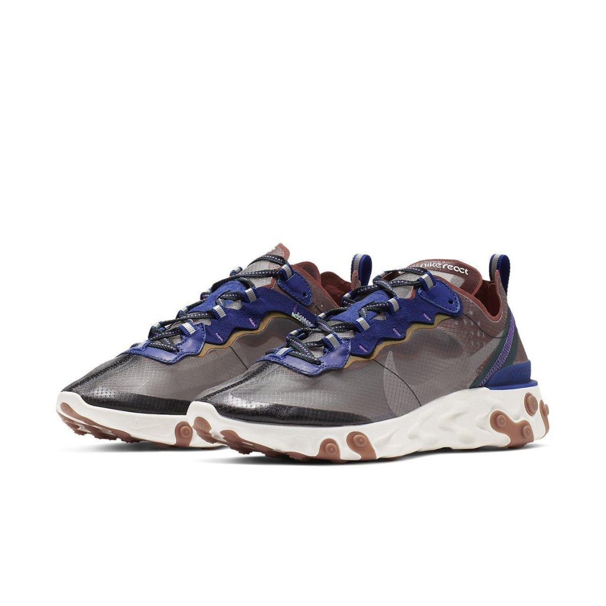 Nike React Element 87 Dusty Peach sneaker showcasing a transparent upper with vibrant accents for comfort and style.