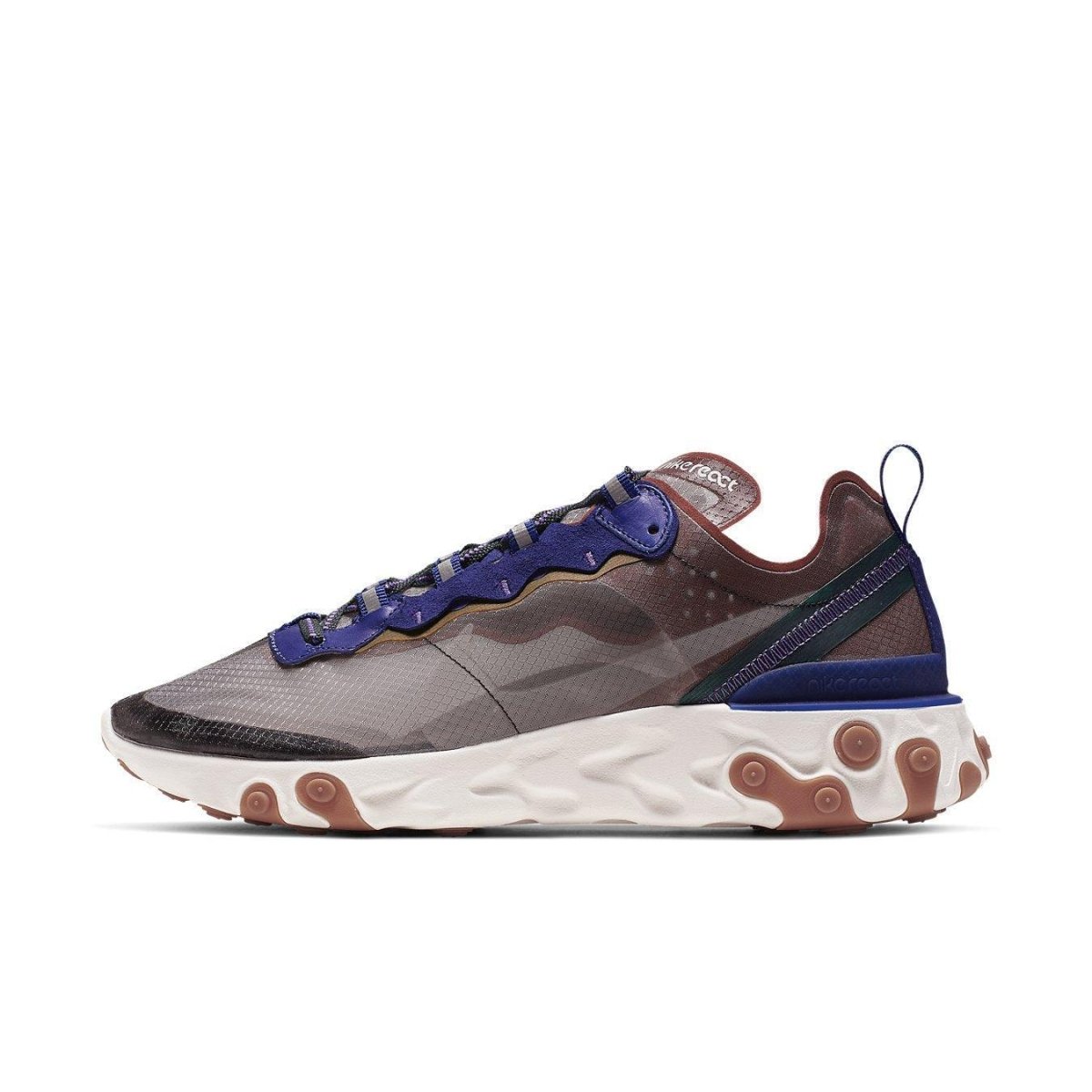 Nike React Element 87 Dusty Peach sneaker in transparent upper with suede and leather layers.