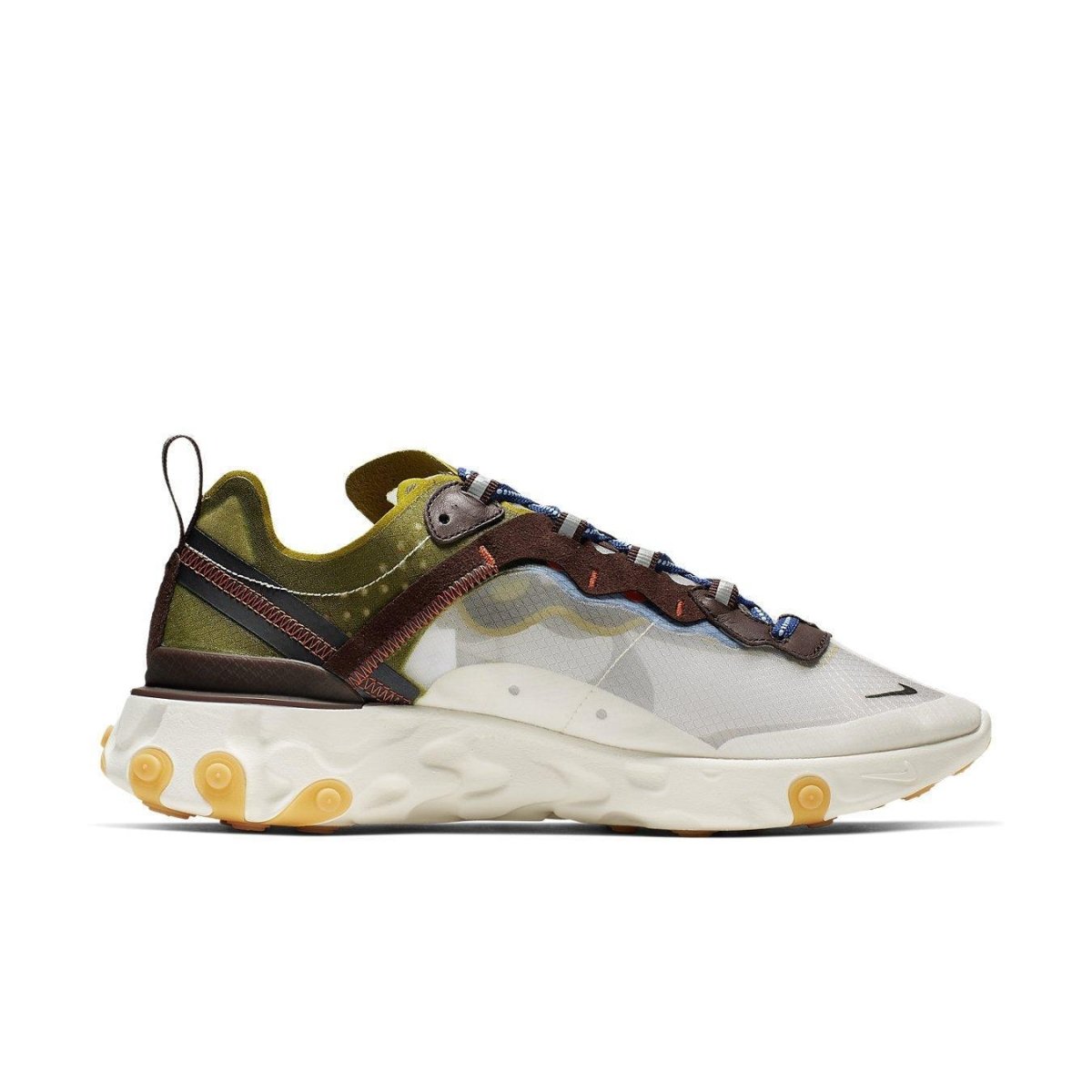 Nike React Element 87 Moss sneaker in earth tones with transparent upper and suede detailing.
