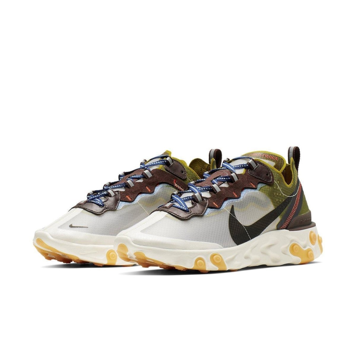 Nike React Element 87 in Moss featuring earthy tones, transparent upper, and reactive cushioning for ultimate comfort.