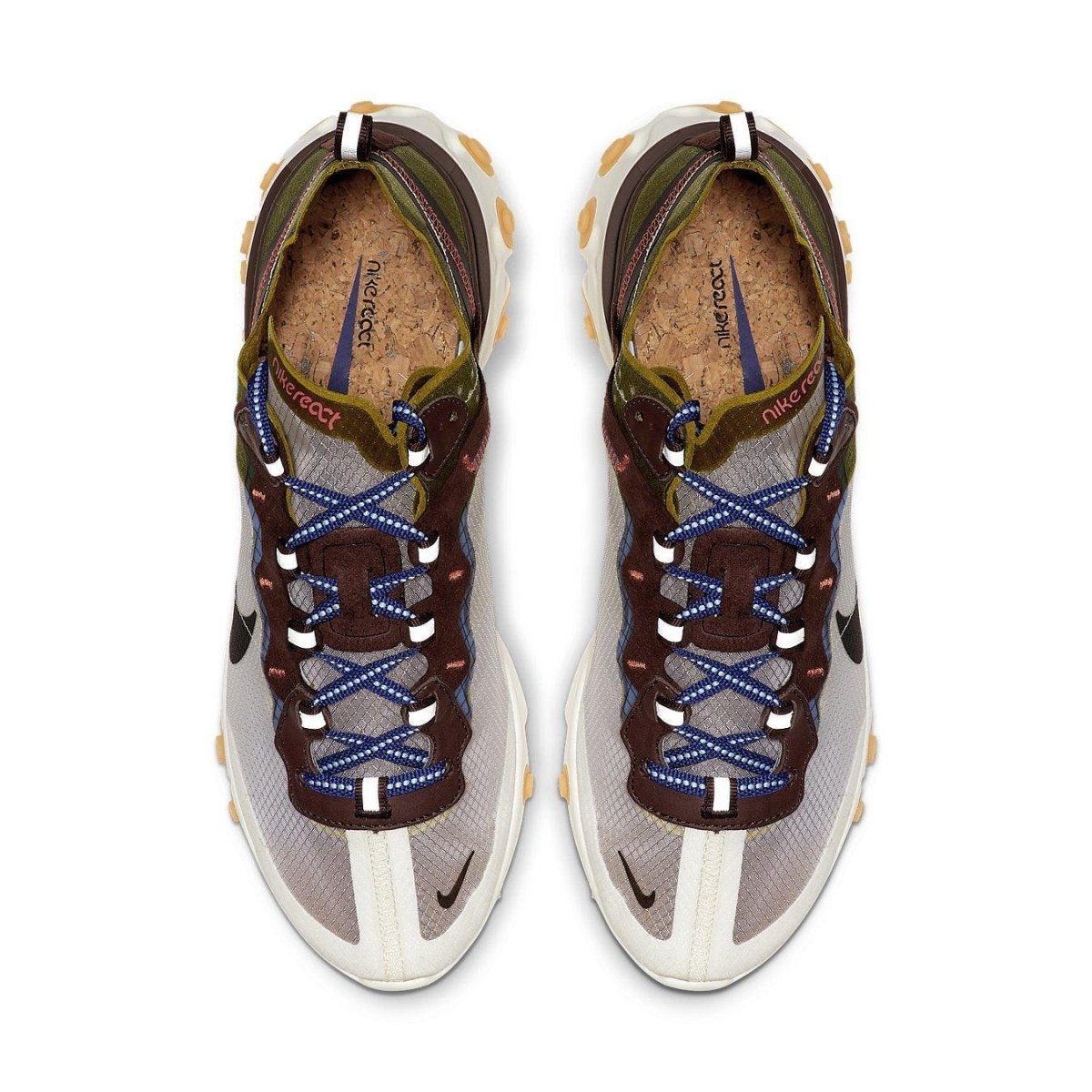 Nike React Element 87 Moss shoes featuring a transparent upper and earthy tones with suede and leather overlays.