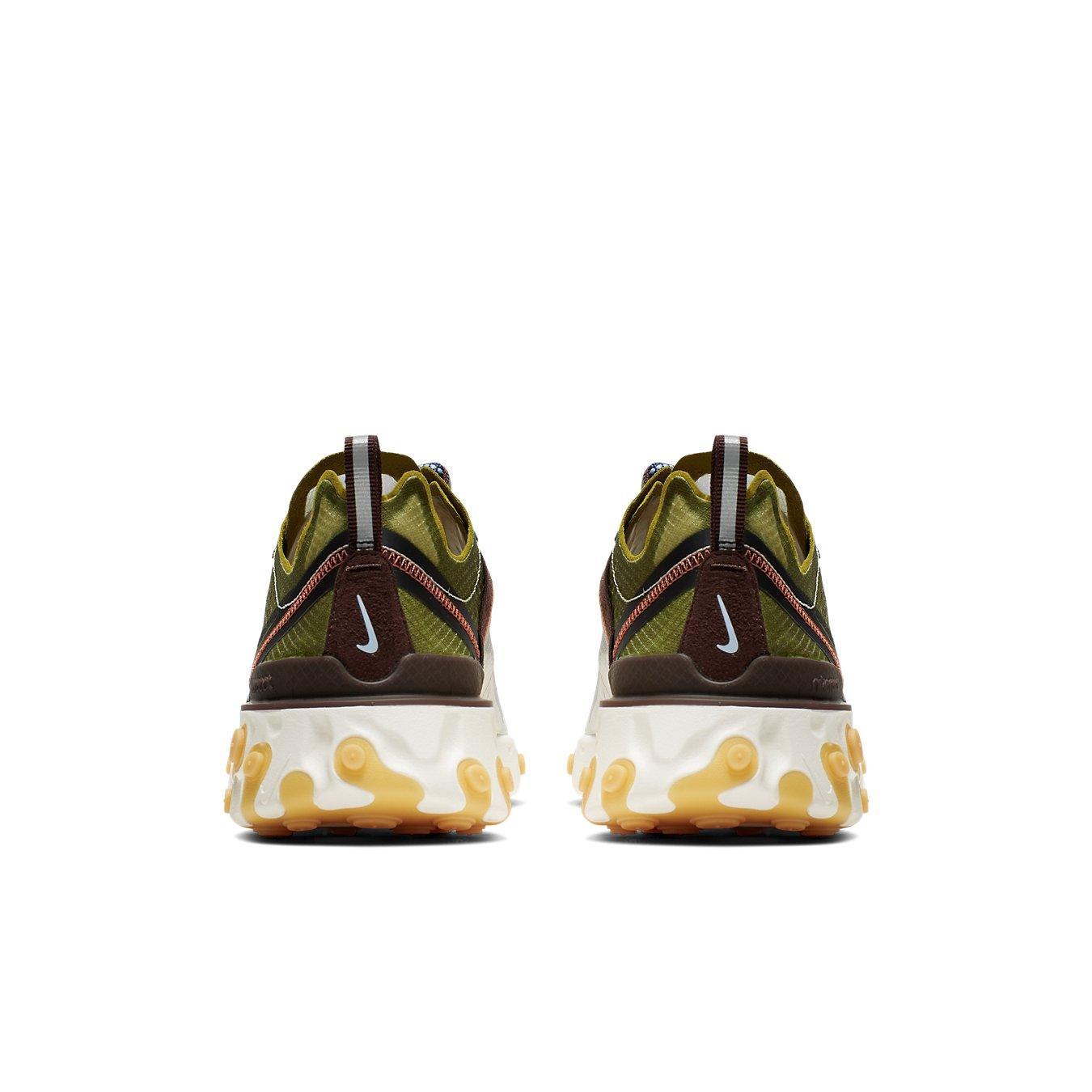 Nike React Element 87 Moss sneakers showcasing a transparent upper with earthy tones and distinctive cushioning design.