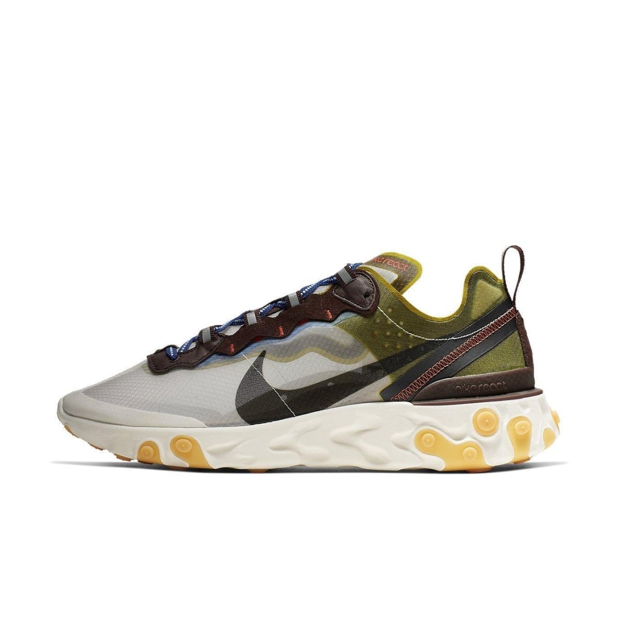 Nike React Element 87 Moss sneaker in earthy tones with transparent upper and cushioned sole for optimal comfort.