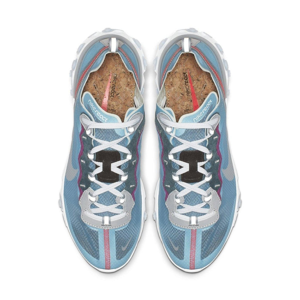 Top view of Nike React Element 87 in Royal Tint, featuring a transparent upper with blue and pink accents.