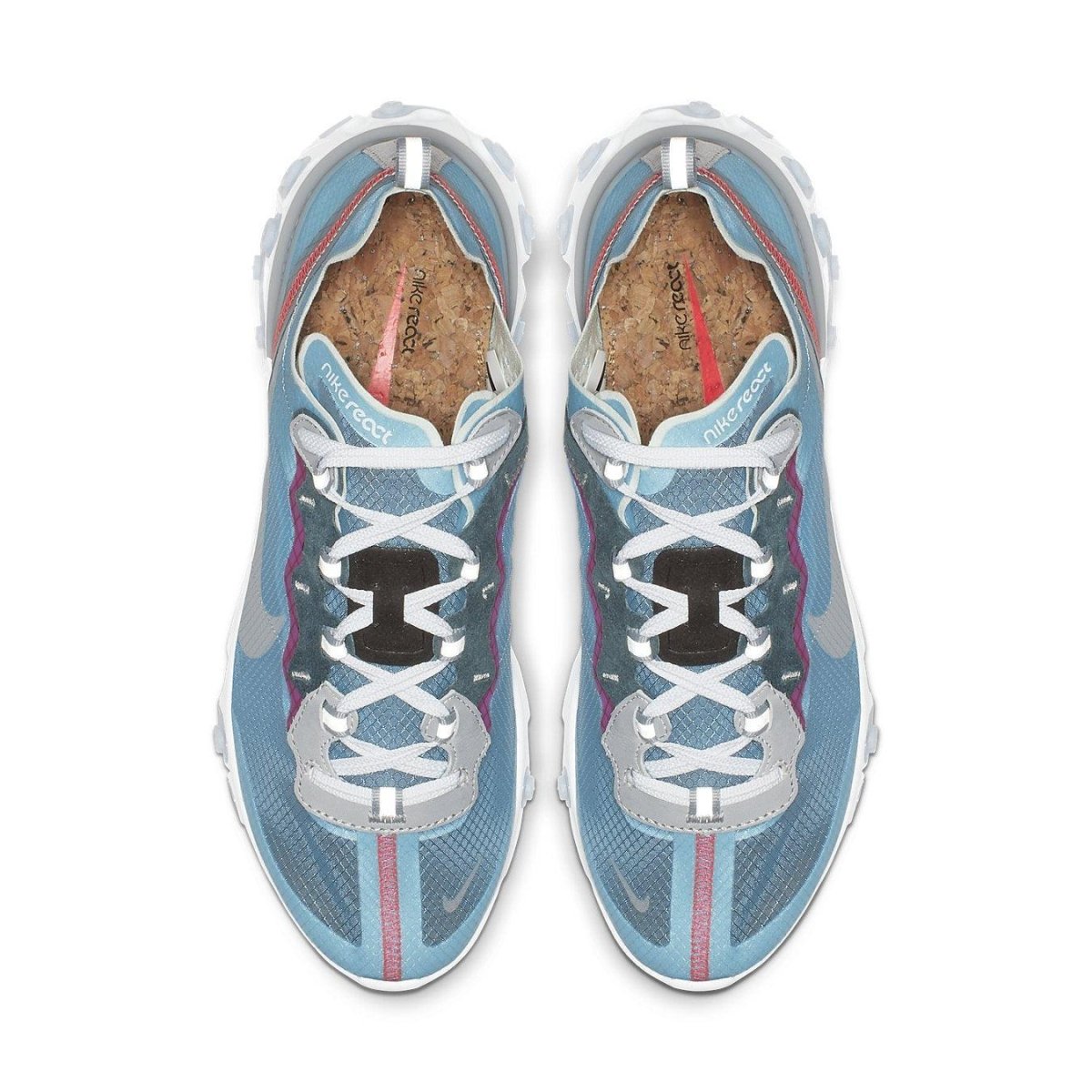 Top view of Nike React Element 87 in Royal Tint, featuring a transparent upper with blue and pink accents.