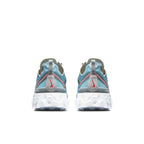 Nike React Element 87 Royal Tint sneakers, showcasing vibrant blue color, pink stitching, and suede eyelets.