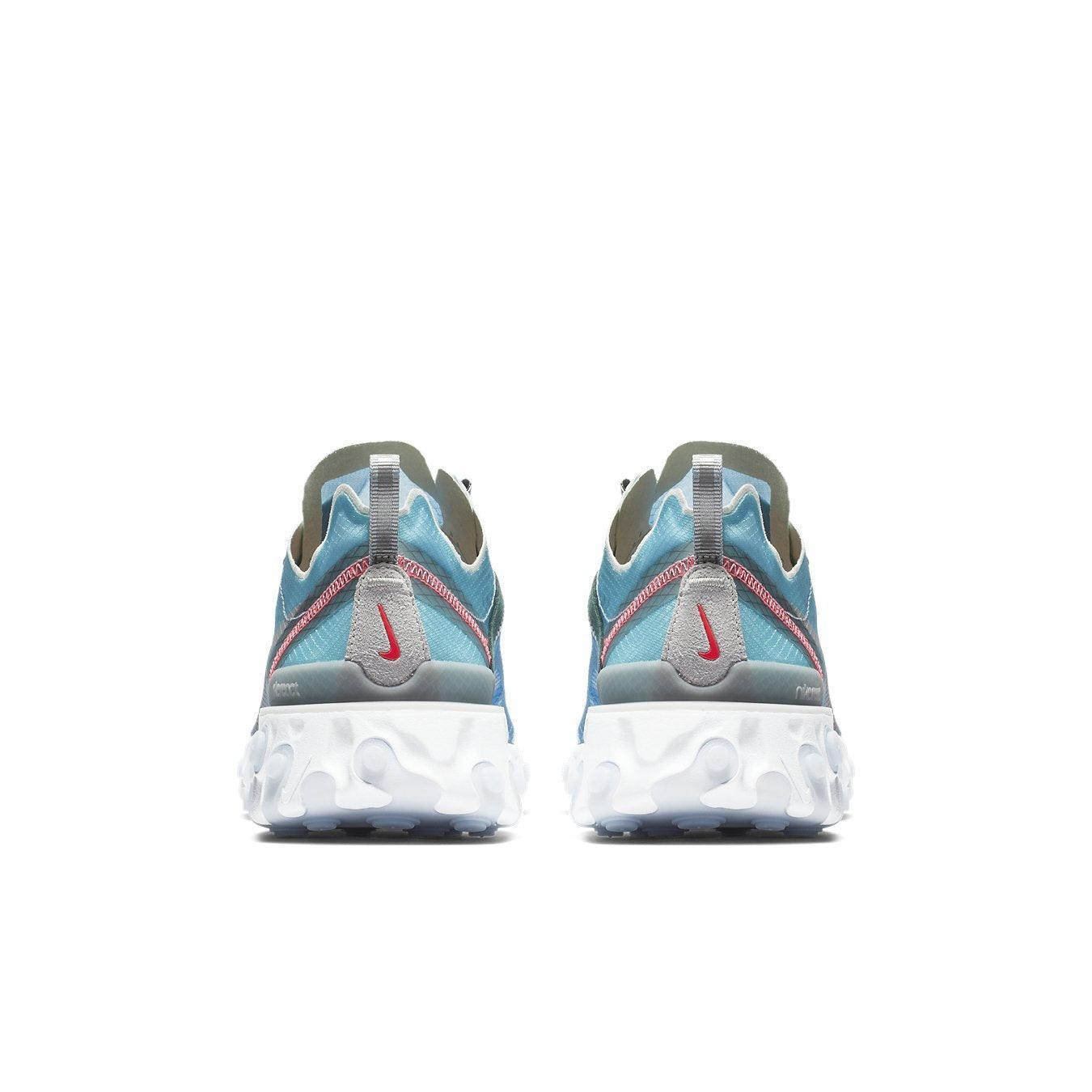 Nike React Element 87 Royal Tint sneakers, showcasing vibrant blue color, pink stitching, and suede eyelets.