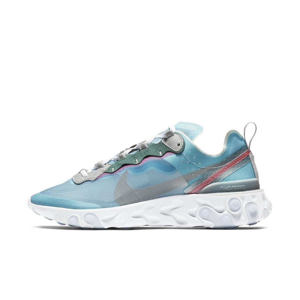 Nike React Element 87 in Royal Tint with translucent upper, blue tones, pink stitching, and green suede eyelets.