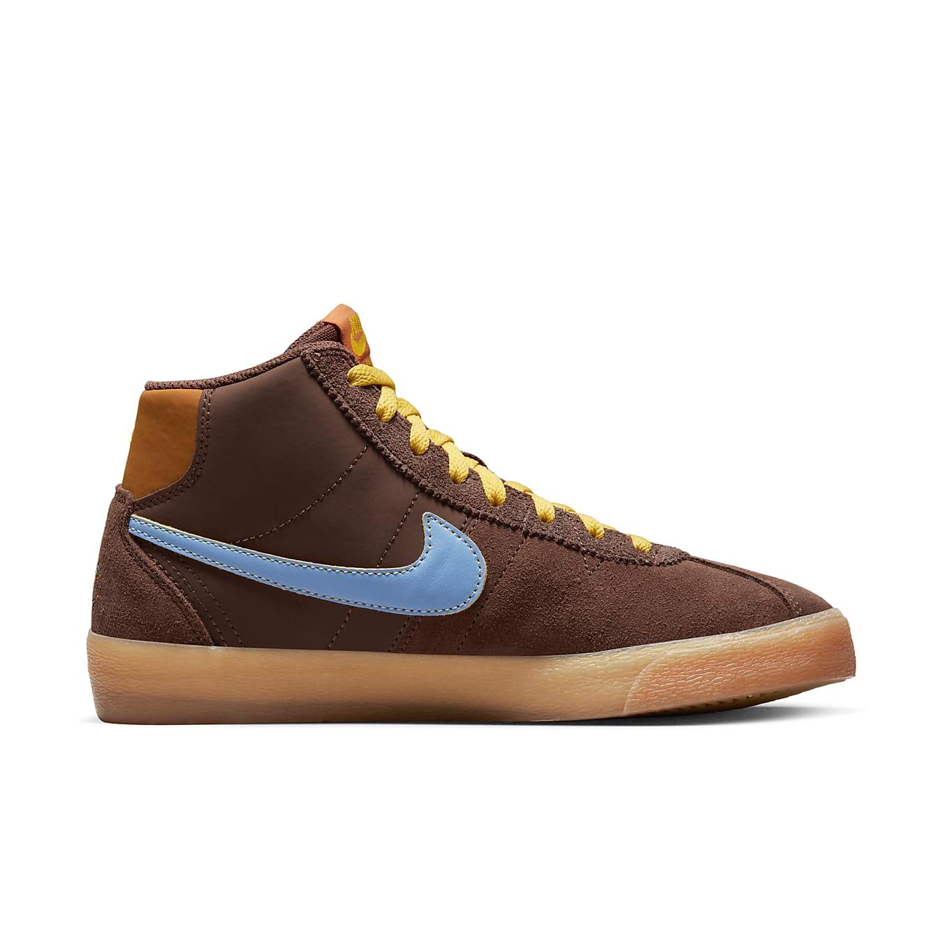 Nike SB Bruin High 'Why So Sad?' women's sneakers featuring brown suede, color-changing Swoosh, and gum sole.