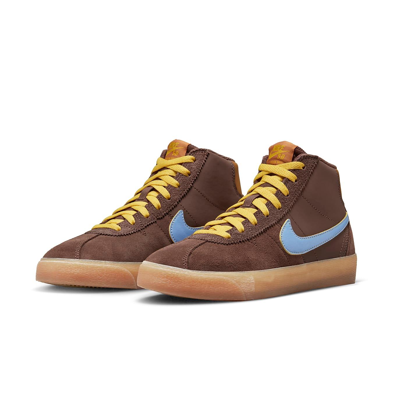 Nike SB Bruin High Why So Sad? women's sneakers in brown suede with light blue Swoosh and yellow laces.