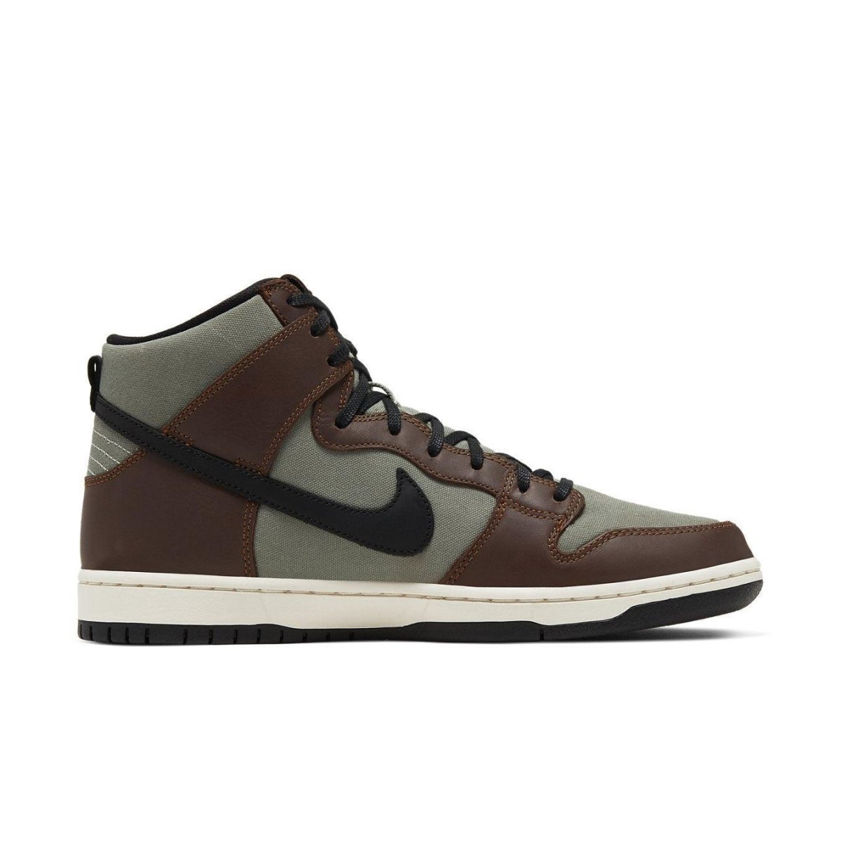 Nike SB Dunk High Baroque Brown sneakers featuring vegan leather upper and white midsole, ideal for skateboarding.