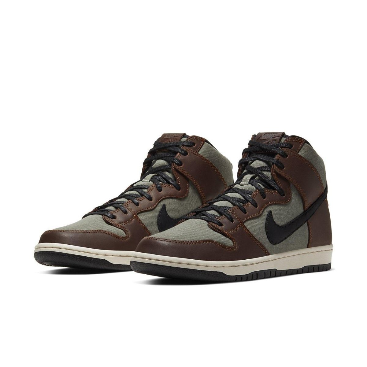 Nike SB Dunk High Baroque Brown sneakers featuring vegan leather upper and contrasting green accents.