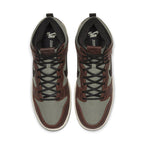 Nike SB Dunk High in Baroque Brown and grey with black laces, top view showcasing elegant design and branding.