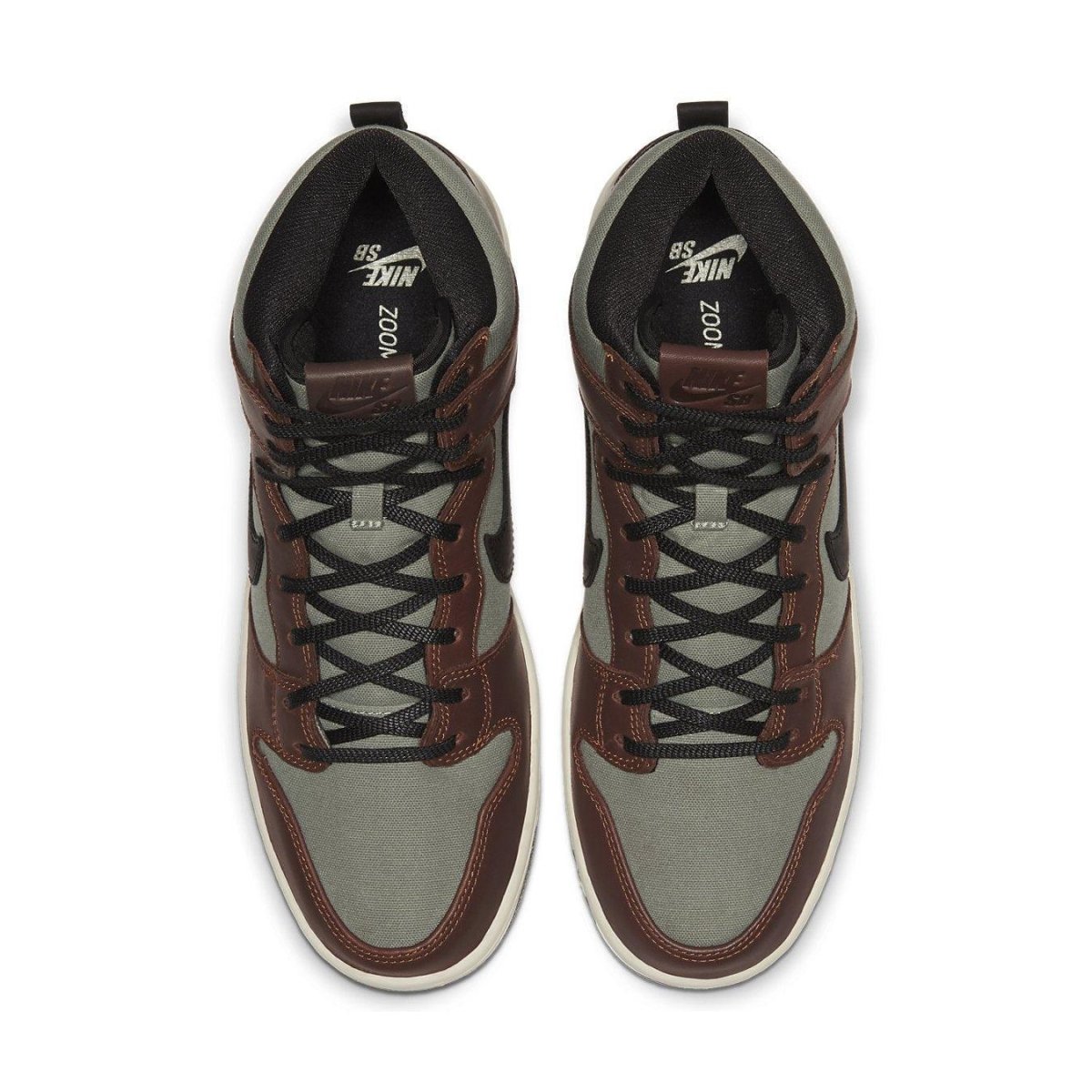 Nike SB Dunk High in Baroque Brown and grey with black laces, top view showcasing elegant design and branding.