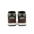 Nike SB Dunk High Baroque Brown rear view showcasing brown leather and grey uppers, with white midsole and black outsole.
