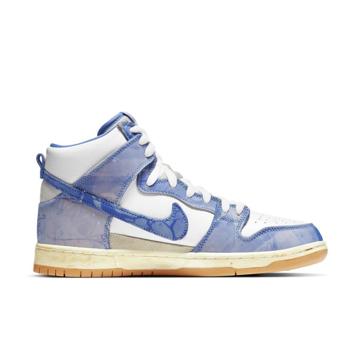 Nike SB Dunk High Carpet Company sneakers with white leather and blue translucent overlays.